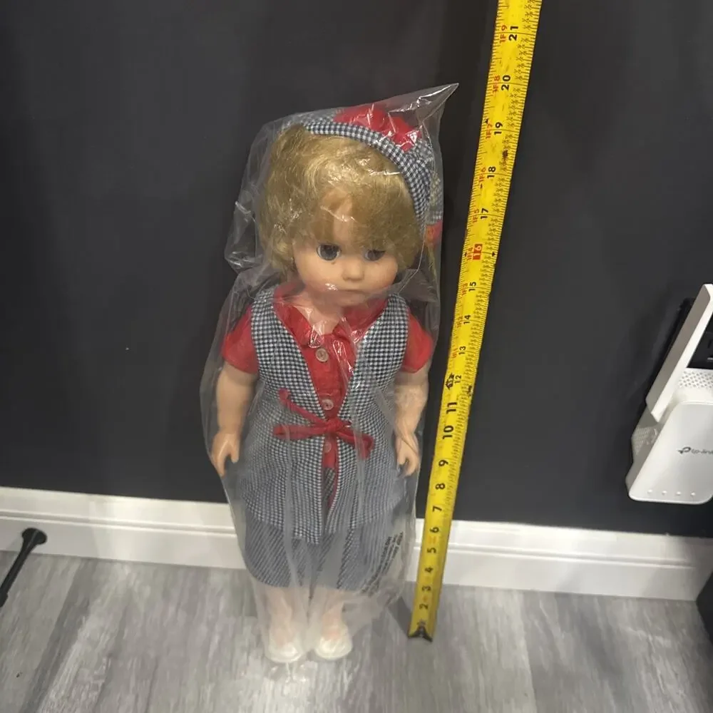 Vintage 19” Hard Plastic Blonde Girl Doll Blue Gingham Dress Red Trim *